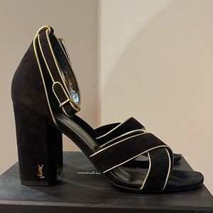 Saint Laurent Black and Gold Heeled Sandals